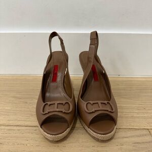 CH Carolina Herrera Initials Insigna Brown Leather Espadrille Wedges Sandals